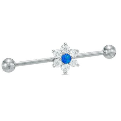 014 Gauge Lab-Created Blue Opal and Cubic Zirconia Flower Industrial Barbell in Stainless Steel