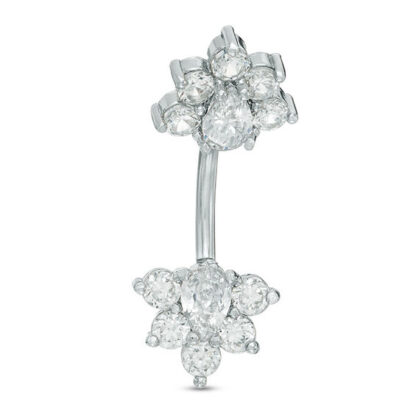 014 Gauge Pear-Shaped Floral Cubic Zirconia Belly Button Ring in Solid Stainless Steel