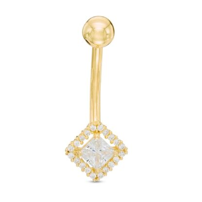 014 Gauge 4mm Princess-Cut Cubic Zirconia Frame Belly Button Ring in Solid 10K Gold