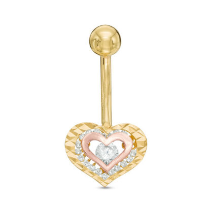 014 Gauge Cubic Zirconia Diamond-Cut Heart Belly Button Ring in Solid 10K Two-Tone Gold