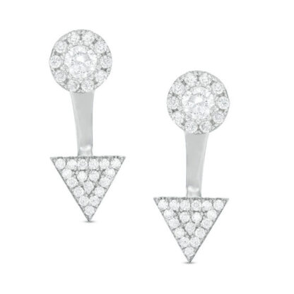 Cubic Zirconia Circle Stud Earrings with Triangle Drop Jackets Set in Sterling Silver