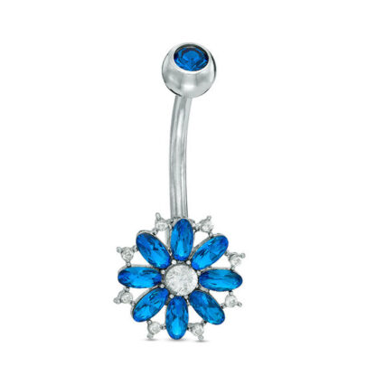 014 Gauge Blue and White Cubic Zirconia Flower Belly Button Ring in Stainless Steel