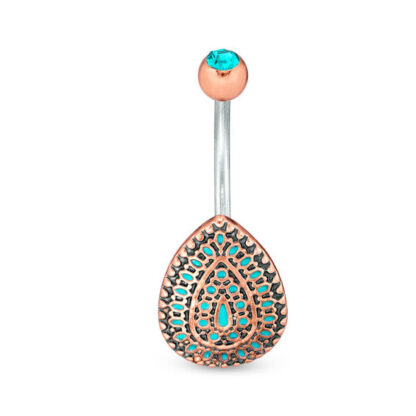 014 Gauge Blue Cubic Zirconia Teardrop Curved Belly Button Ring in Stainless Steel with Rose IP and Blue Enamel