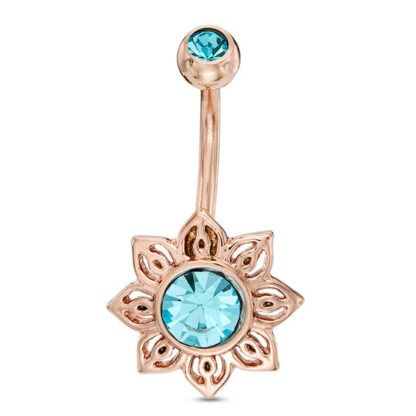 014 Gauge 7mm Blue Cubic Zirconia Filigree Flower Belly Button Ring in Stainless Steel with Rose IP