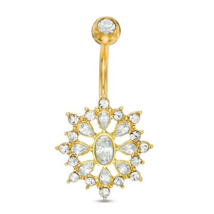 014 Gauge Cubic Zirconia Sunburst Belly Button Ring in Stainless Steel with Yellow IP