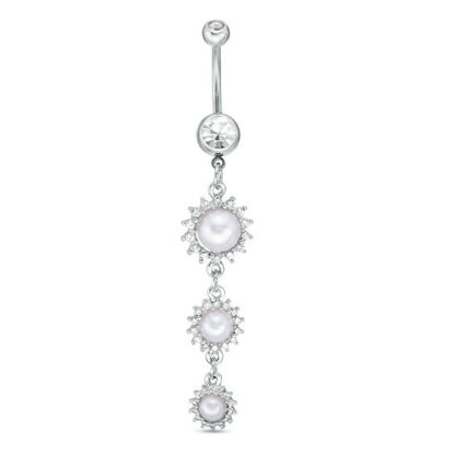 014 Gauge Faux Pearl and Cubic Zirconia Sunburst Frame Three Stone Dangle Belly Button Ring in Stainless Steel