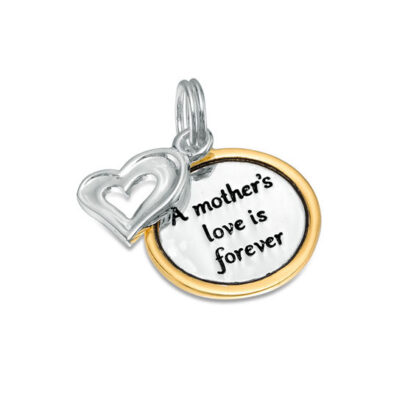 "A mother's love is forever" Circle Bracelet Charm with Heart Dangle Accent in Sterling Silver and 14K Gold Plate