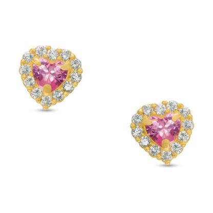 Child's 3mm Heart-Shaped Pink and White Cubic Zirconia Framed Stud Earrings in 14K Gold