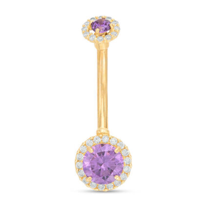 014 Gauge Purple and White Cubic Zirconia Frame Belly Button Ring in 10K Gold