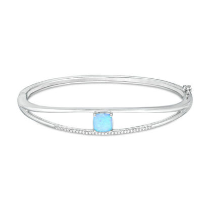 7mm Cushion-Cut Lab-Created Blue Opal and White Sapphire Split Double Row Bangle in Sterling Silver