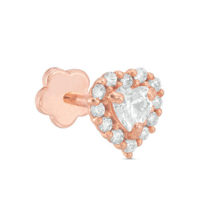 019 Gauge Heart-Shaped Cubic Zirconia Frame Cartilage Barbell in 14K Rose Gold