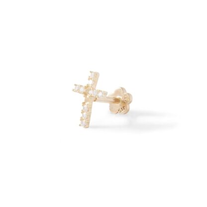 018 Gauge Cubic Zirconia Cross Cartilage Barbell in 14K Gold Tube