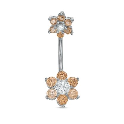 014 Gauge Champagne and White Cubic Zirconia Flower Belly Button Ring in Solid Stainless Steel