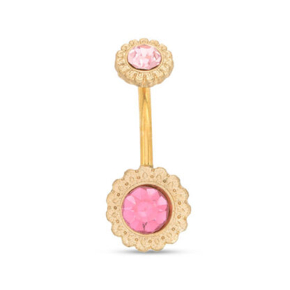 014 Gauge Pink Crystal Flower Belly Button Ring in Stainless Steel with Yellow IP