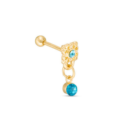 018 Gauge Blue Crystal Dangle Ornate Cartilage Barbell in Stainless Steel with Yellow IP