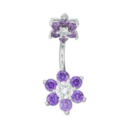 014 Gauge Purple and White Cubic Zirconia Flower Belly Button Ring in Solid Stainless Steel and Brass