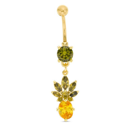 014 Gauge Green and Yellow Cubic Zirconia Pineapple Dangle Belly Button Ring in Stainless Steel with Yellow IP