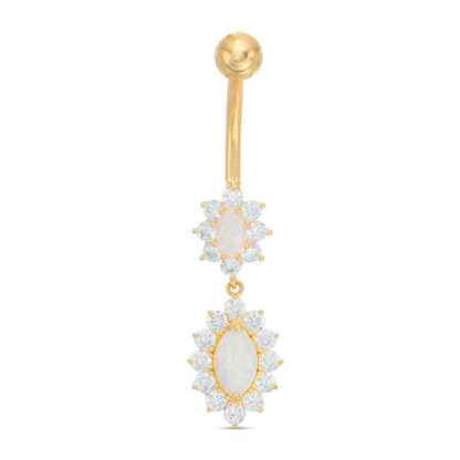 014 Gauge Oval Simulated Opal and Cubic Zirconia Dangle Belly Button Ring in 10K Gold