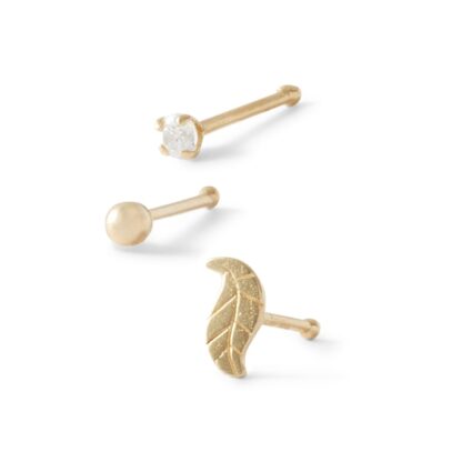 022 Gauge Nose Stud Set with Cubic Zirconia in 14K Hollow and Semi-Solid Gold