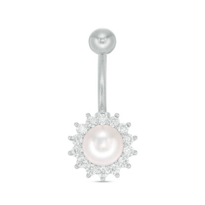 014 Gauge Pearl and Cubic Zirconia Frame Curved Belly Button Ring in Brass and Stainless Steel