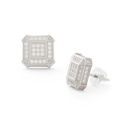 Cubic Zirconia Square Composite Frame Vintage-Style Stud Earrings in Solid Sterling Silver