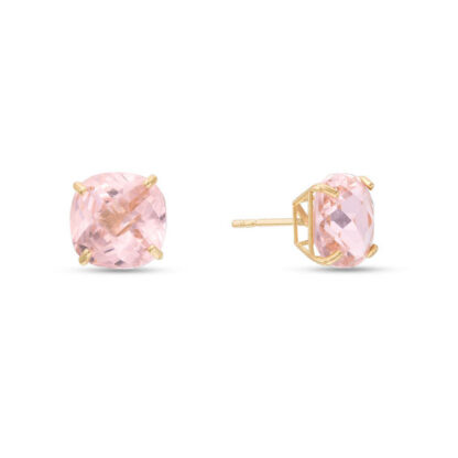 8mm Faceted Cushion-Cut Pink Cubic Zirconia Solitaire Stud Earrings in 10K Gold