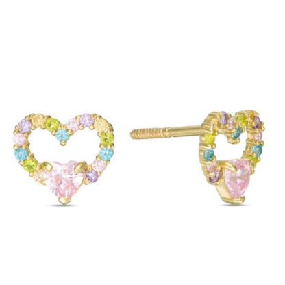 Child's Multi-Color Cubic Zirconia Heart Stud Earrings in 10K Gold