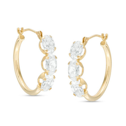 Oval Cubic Zirconia Three Stone Hoop Earrings in 10K Gold