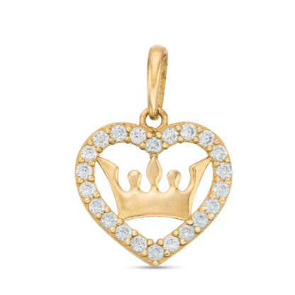 Cubic Zirconia Heart with Crown Pendant Charm in 10K Solid Gold