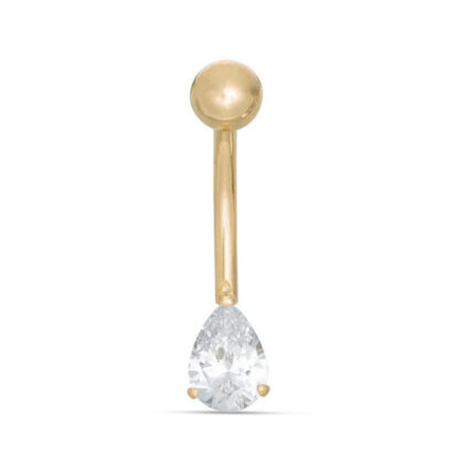 014 Gauge Pear-Shaped Cubic Zirconia Solitaire Curved Belly Button Ring in Solid 10K Gold