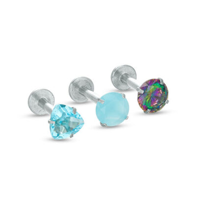 016 Gauge Rainbow Green and Blue Cubic Zirconia Three Piece Labret Set in Stainless Steel