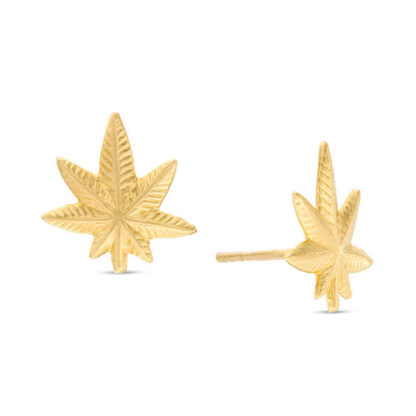 Diamond-Cut Cannabis Leaf Stud Earrings in 10K Gold