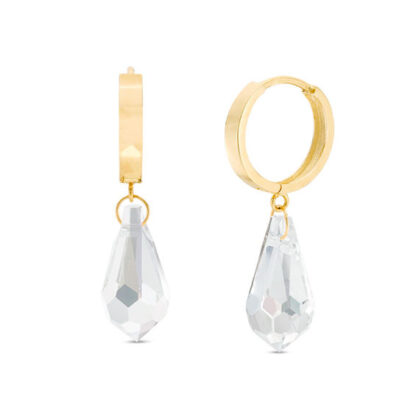 Teardrop Iridescent Crystal Dangle Huggie Hoop Earrings in 10K Gold