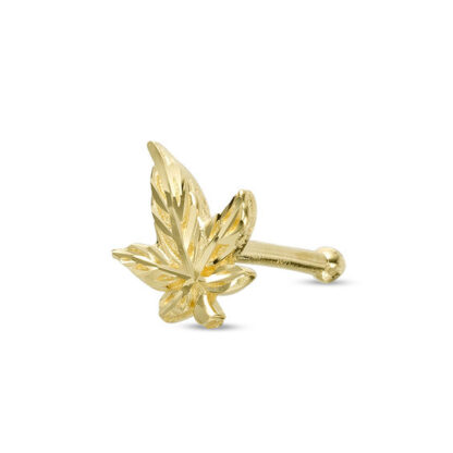 022 Gauge Diamond-Cut Cannabis Leaf Nose Stud in 14K Gold