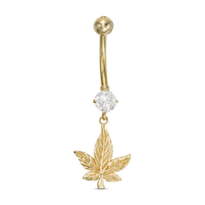 014 Gauge 5mm Cubic Zirconia Diamond-Cut Cannabis Leaf Dangle Belly Button Ring in 10K Gold