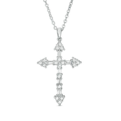 Baguette Cubic Zirconia and Round Crystal Gothic-Style Cross Pendant in Brass with White Rhodium