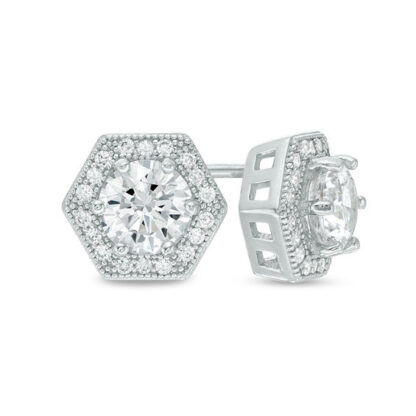 5.5mm Cubic Zirconia Hexagonal Frame Vintage-Style Stud Earrings in Solid Sterling Silver