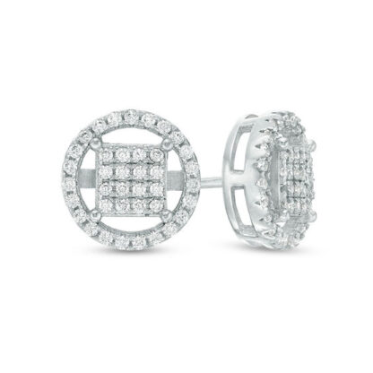 Cubic Zirconia Square Composite Circle Frame Stud Earrings in Sterling Silver