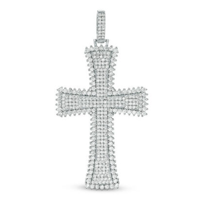 Cubic Zirconia Textured Frame Cross Necklace Charm in Solid Sterling Silver