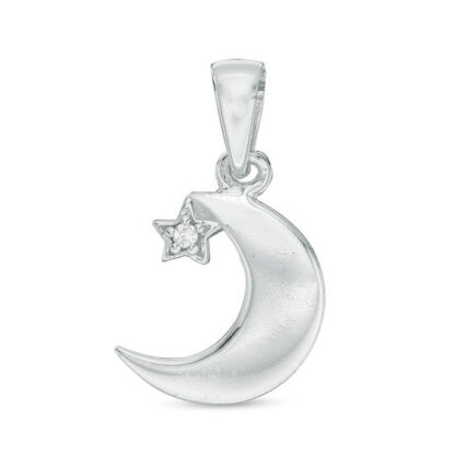 Cubic Zirconia Star and Crescent Moon Necklace Charm in Sterling Silver