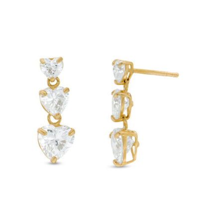 Heart-Shaped Cubic Zirconia Triple Drop Earrings in 10K Gold