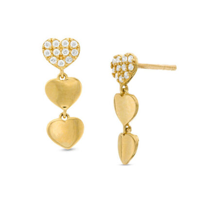 Cubic Zirconia and Puffed Heart Triple Drop Earrings in 10K Gold