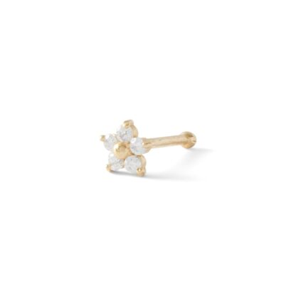 022 Gauge Cubic Zirconia Flower Nose Stud in 14K Semi-Solid Gold