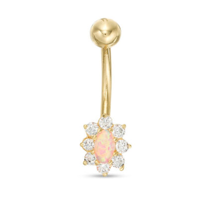 014 Gauge Oval Simulated Opal and Cubic Zirconia Starburst Frame Belly Button Ring in 10K Gold