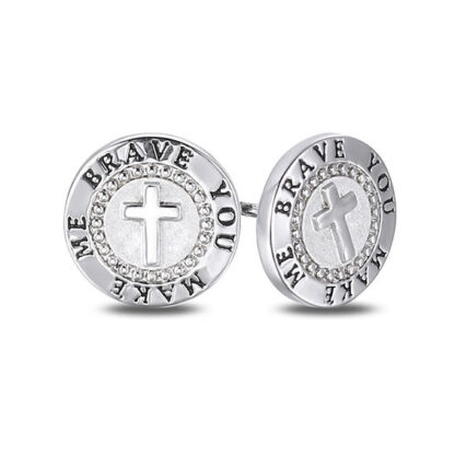 "YOU MAKE ME BRAVE" Bead Frame Cross Circle Stud Earrings in Sterling Silver