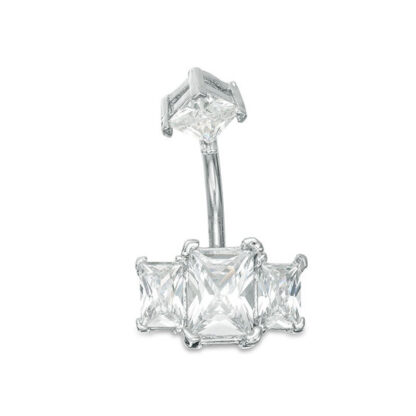 014 Gauge Baguette and Princess Cubic Zirconia Three Stone Belly Button Ring in Stainless Steel