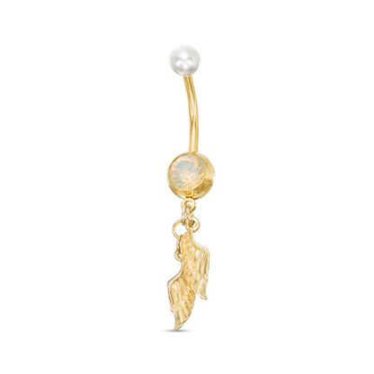 014 Gauge 8mm Iridescent Crystal and Faux Pearl Angel Wings Dangle Belly Button Ring in Stainless Steel with Yellow IP