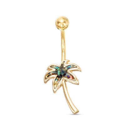 014 Gauge Mother-of-Pearl Palm Tree Belly Button Ring in Stainless Steel with Yellow IP