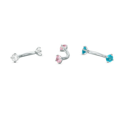 016 Gauge 3mm Blue, Pink and White Cubic Zirconia Cartilage Barbell Set in Stainless Steel