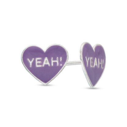 Child's Purple Enamel "YEAH!" Heart Stud Earrings in Sterling Silver